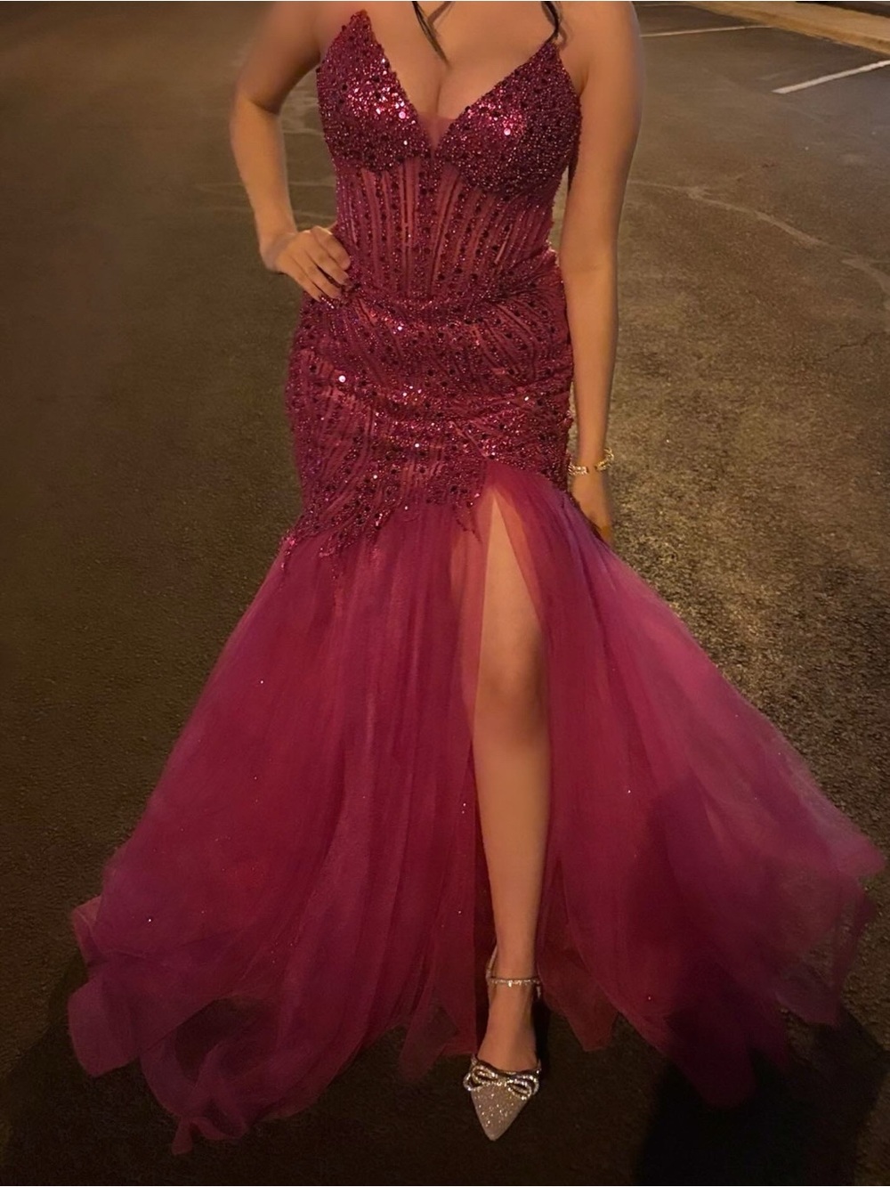 Plunge V-Neck Sequin Mermaid Evening Dress - Wine